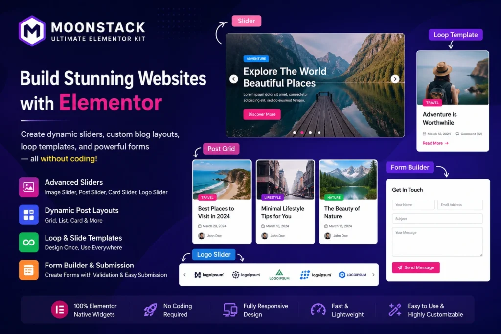 Moonstack Ultimate Elementor Kit – Complete Guide to Dynamic Sliders, Blog Layouts & Form Builder
